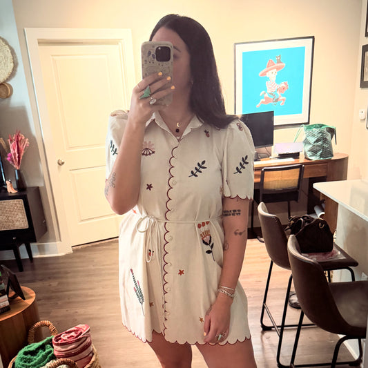 Linen Mix Embroidered Button Down Dress