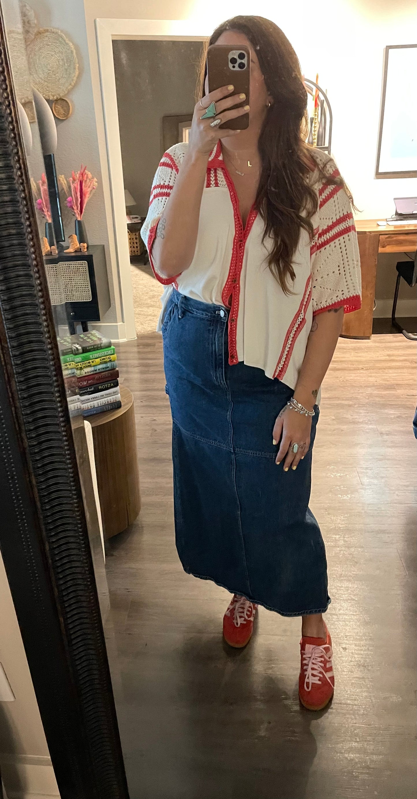 Red & Cream Crochet Shirt