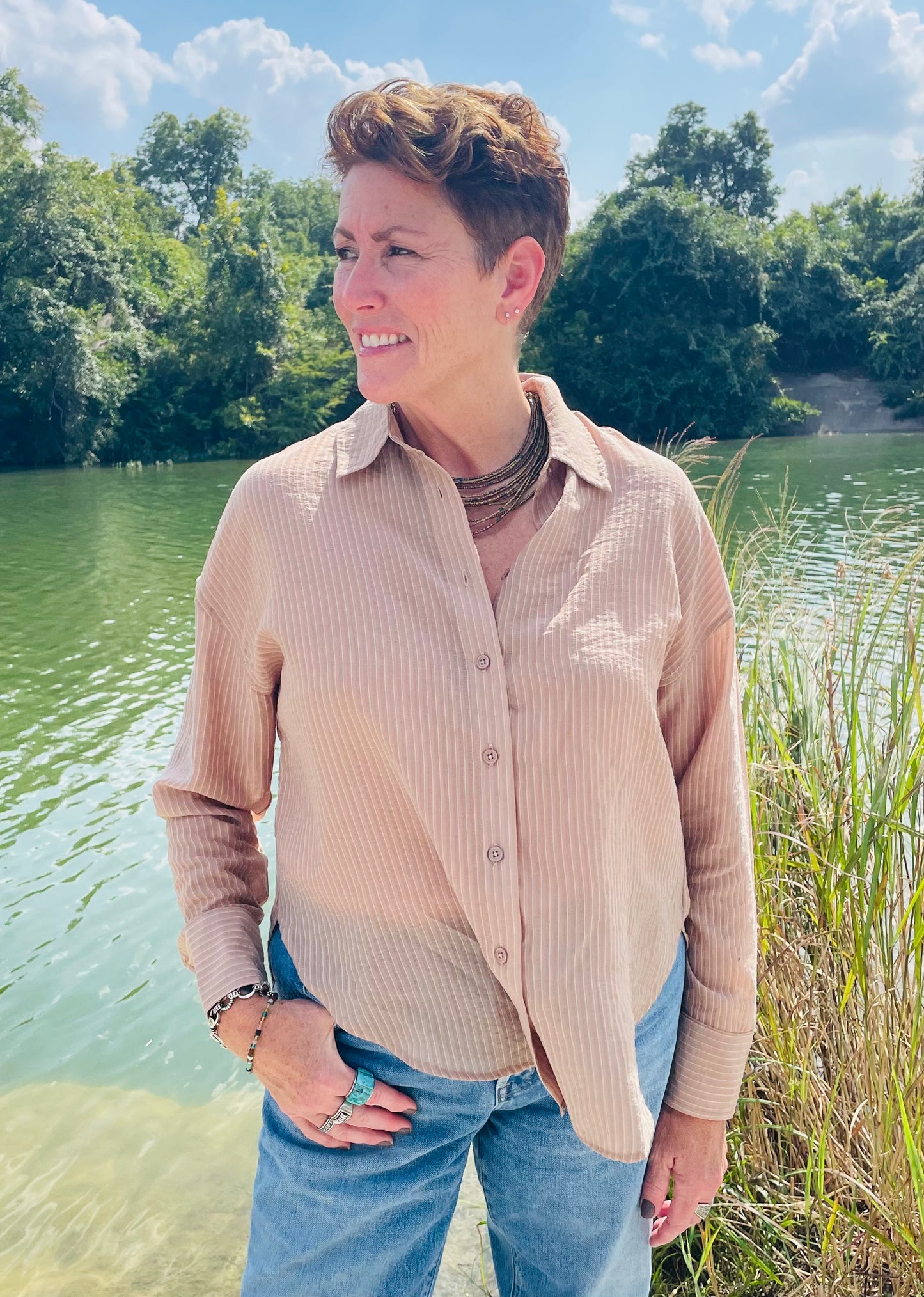 Pin Striped Sheer Button Down